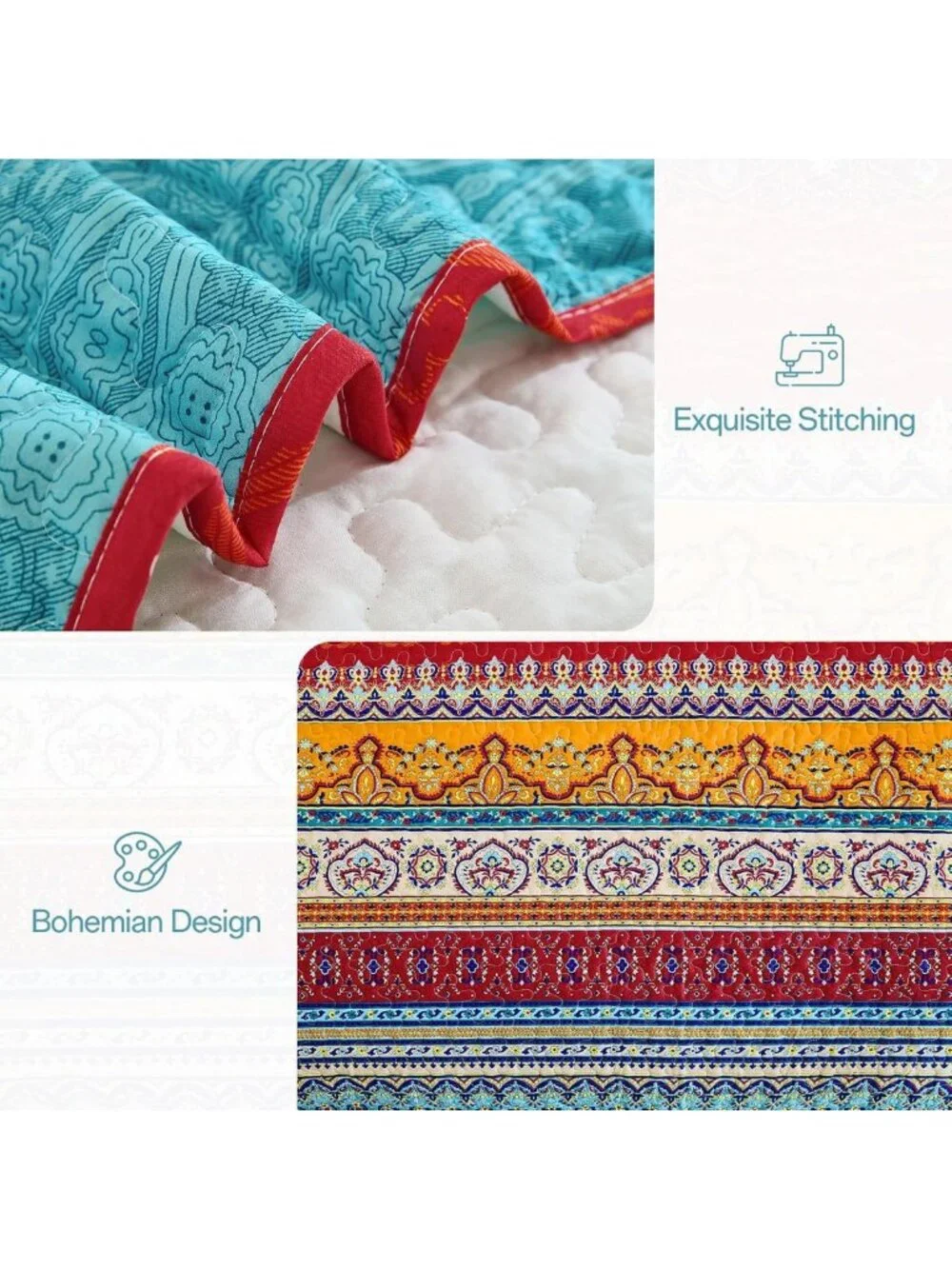 Oversized Boho Quilt Set - 3 Piece Bedspread in Beige, Cozy Home Decor
